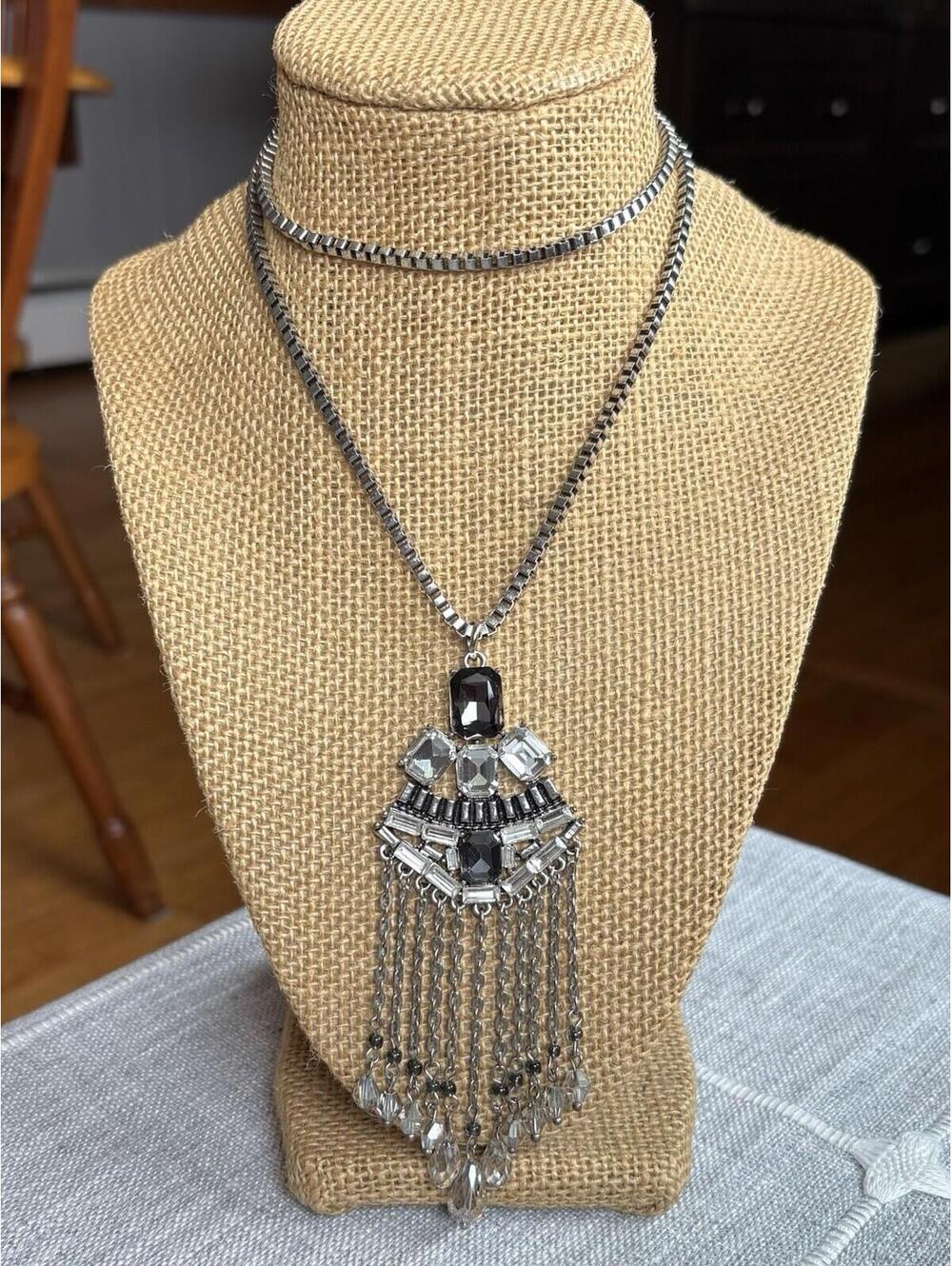 Statement Gunmetal Rhinestone Fringe Necklace Gray Black Crystal Pendant